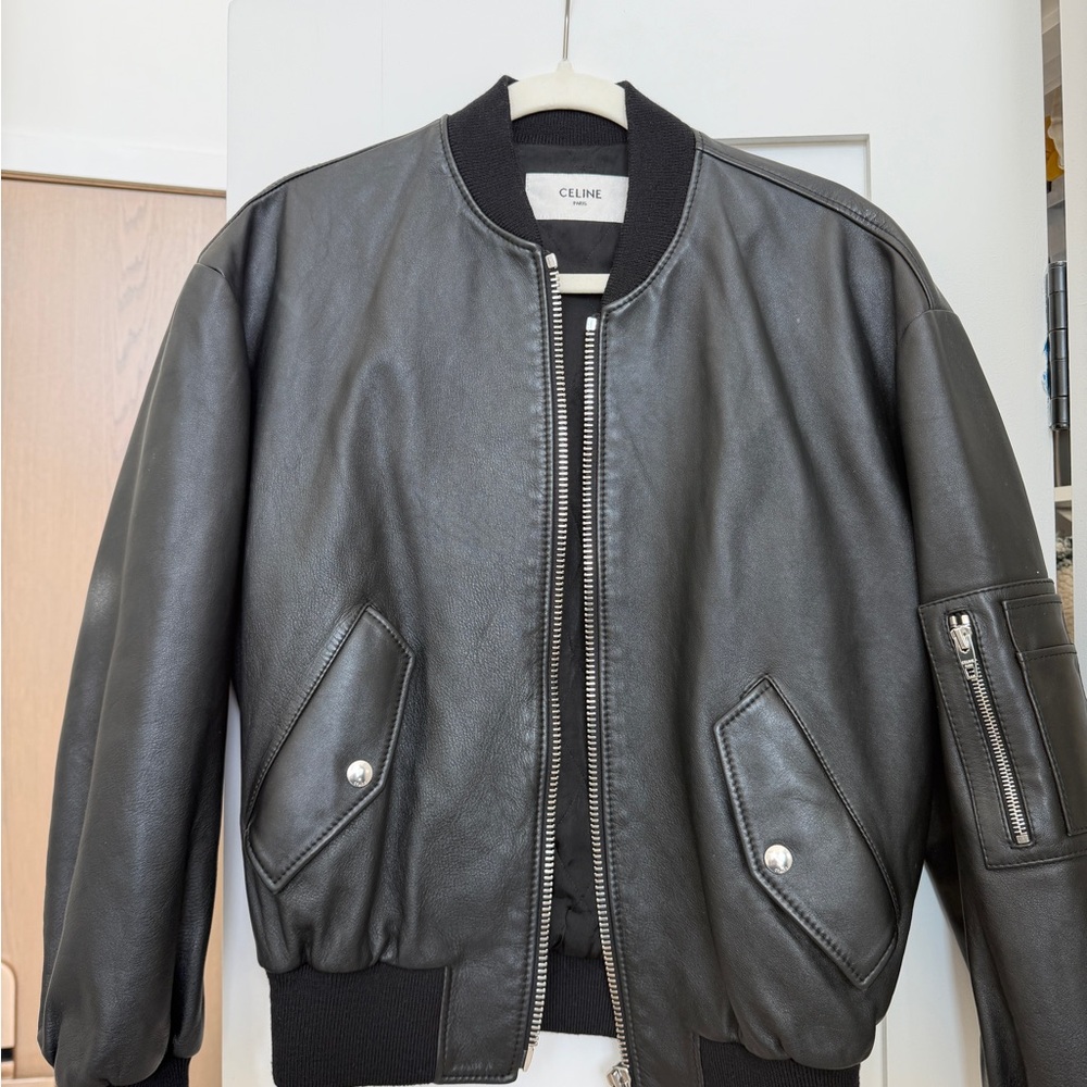 Celine Black Leather Bomber Jacket
